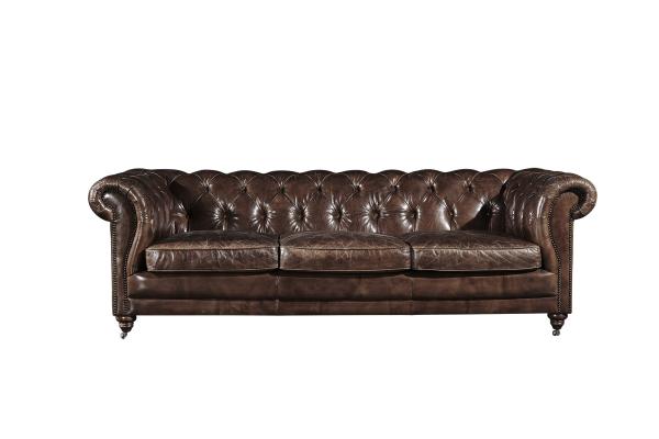 Full Handwork Vintage Cigar Leather Three Seater Chesterfield Sofa With Deep
