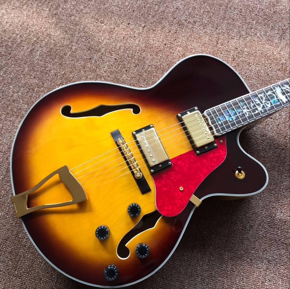 Double F hole OEM hollow body JAZZ electric guitar yellow maple top Jazz guitar free shipping