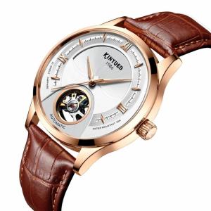 Quality Gold Case Mens Mechanical Watches Hollow Out Dial Leather Band wholesale