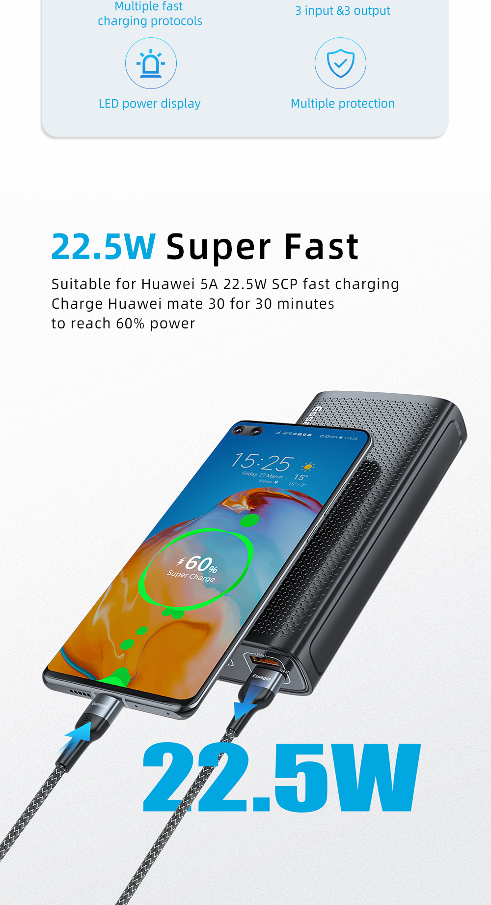 Portable 30000 MAh Power Banks Supporting 22.5W Fast Charging 3 Input Output