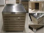 supermarket wooden produce bin with stainless steel tray