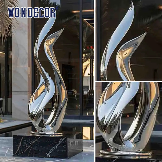 Large outdoor hotel gate forged metal abstract ribbon stainless steel sculpture
