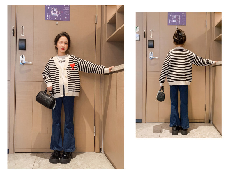 Embroidery Craft Trendy Children Clothing Striped Girls Knit Cardigan Sweater V Neck