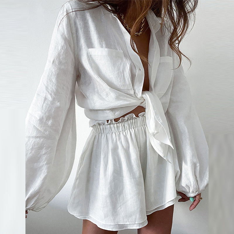 2023 Summer New Casual Suit Amazon Foreign Trade Fashion Solid Color Flounces Shorts Shirt Suit