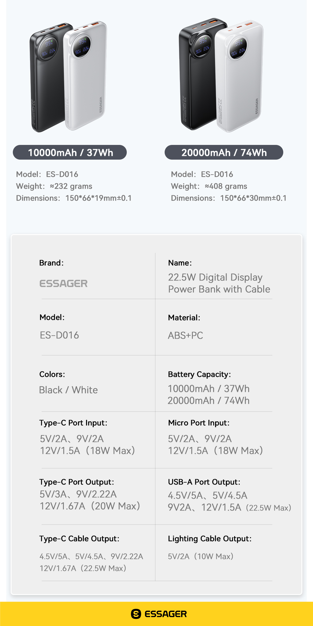 ESSAGER ES-D016 Series 20000 mah Power Banks with USB A/C/Lighting Output LED Display