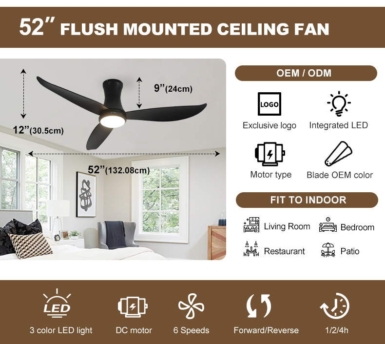 Home Office 52 Inches Flush Mount LED Ceiling Fan with ABS Blades and 3 Color Lighting