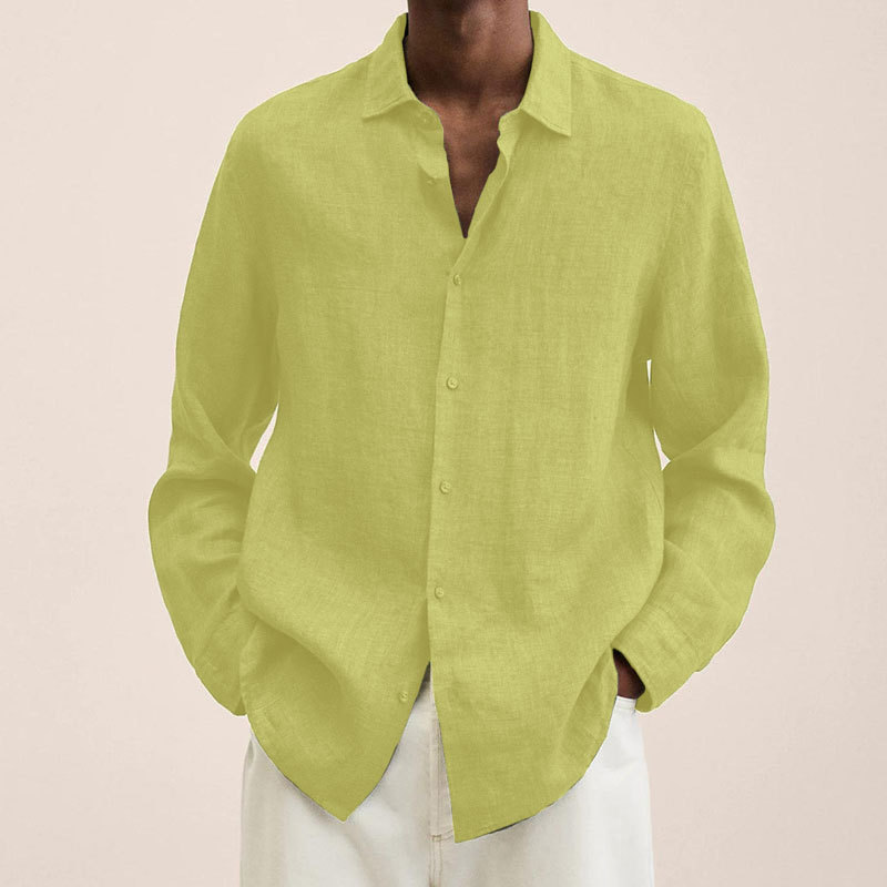 2022 Independent Station V Neck Loose Button Cotton Linen Shirt Man Popular Long Sleeved