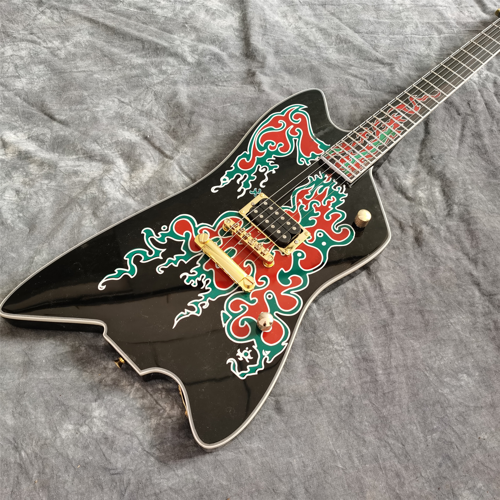Custom New 6 Strings Black Electric Guitar with Fire Inlays Fingerboard Gold Color Hardware