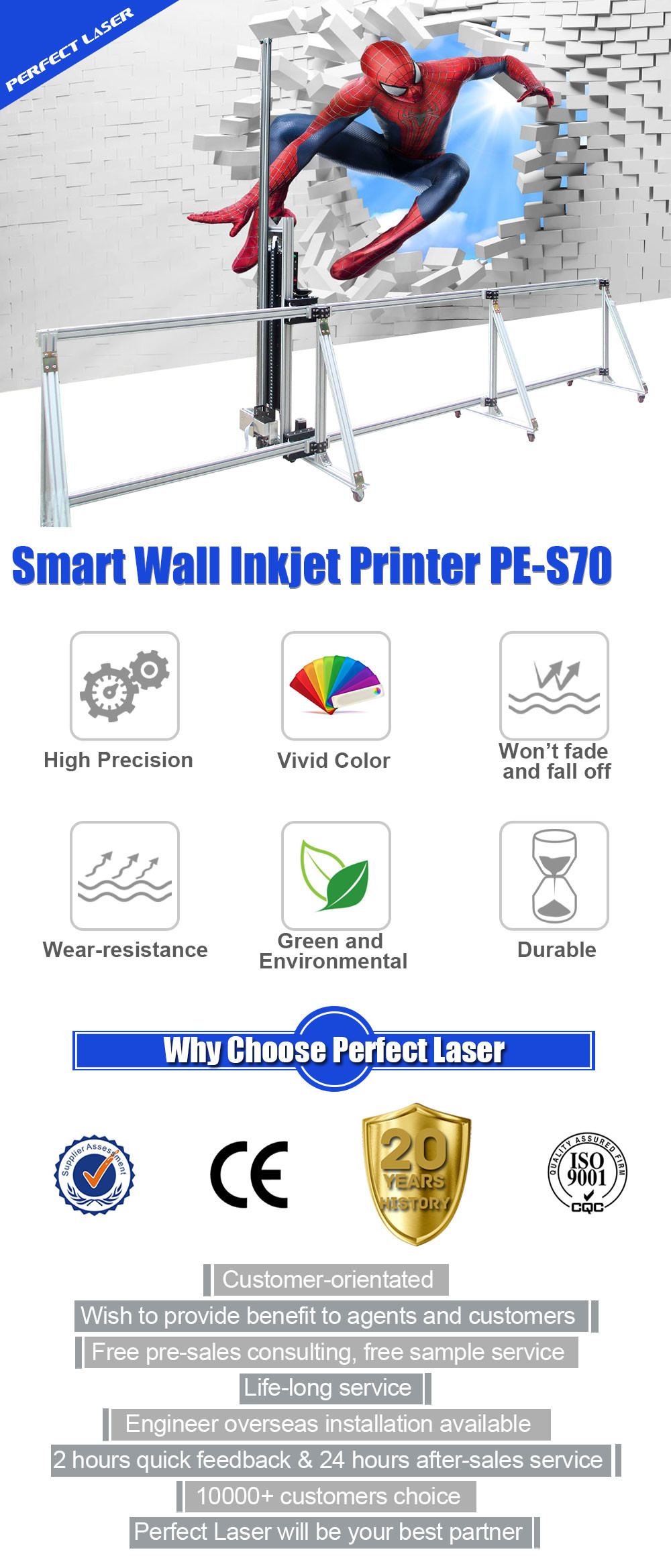 High Precision Wall Inkjet Printer USA Senor Piezoelectric Nozzle Automatic Feeder System
