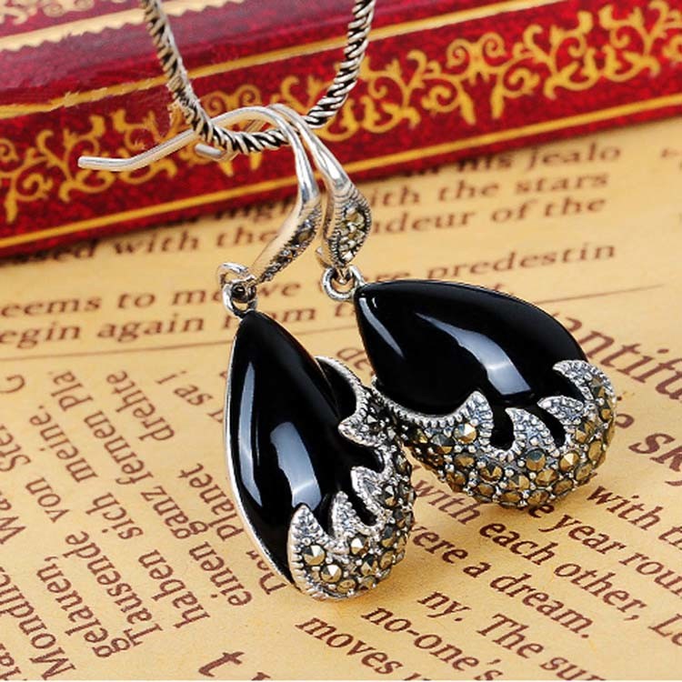 Vintage Sterling Silver Black Onyx with Marcasite Dangle Drop Earrings (E12033BLACK)