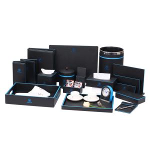 Quality black blue pu leather guest compedium folder hotel leather sets for 5-star hotel wholesale