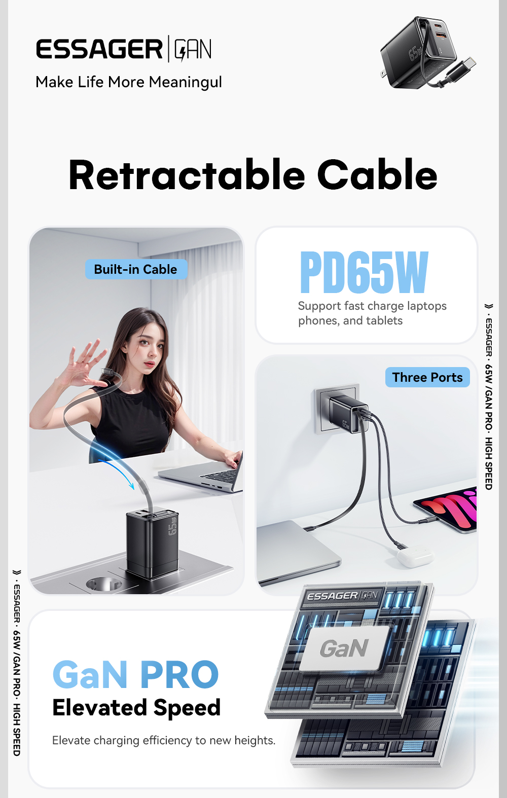 ESSAGER ES-CD49 Series 2 Ports 65W GaN Charger USB Wall Adapter