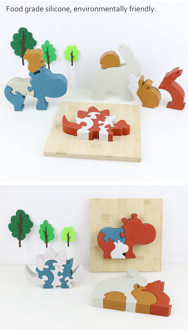 Silicone and wooden jigsaw puzzle standing animal hippo puzzle kid toys for child playing