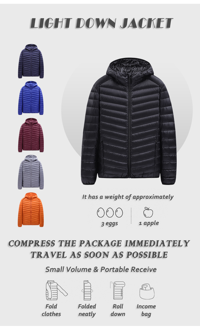 New men's white duck down anti-drilling velvet lightweight hooded casual warm winter down coat or jacket with storage bag