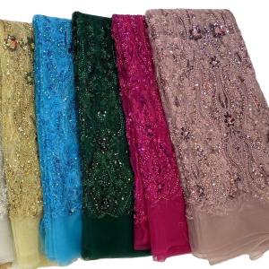 Quality Supoo Luxury Embroidered French Lace fabric Handmade Beaded Ghana Mesh net Lace Fabric for party wholesale