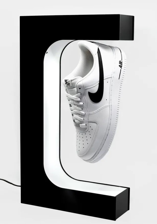 E shape customize led light magnetic levitation shoes display rack, floating shoes advertising stand