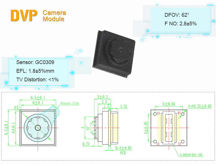 0.3MP 24 Pin VGA DVP Fixed Focus CMOS Camera Module GC0309 62 Degree