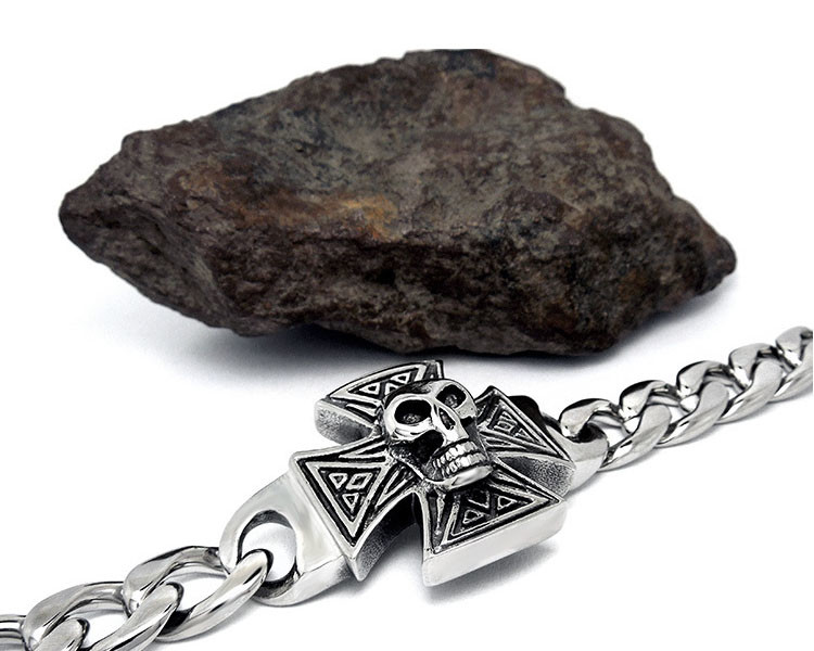 Gothic Skull Cross Stainless Steel Id Bracelet for Men Vintage Old Metal Finishing (JCE456)