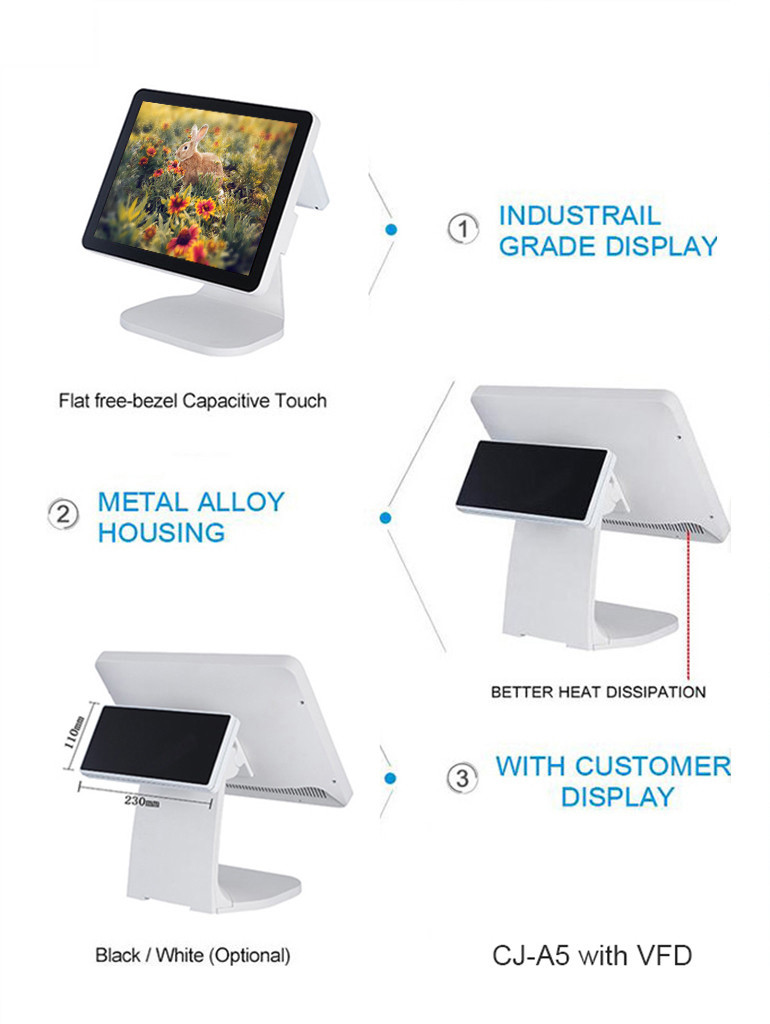 2 * 20 VFD Android Based Pos , White Color Small HD Business Pos System