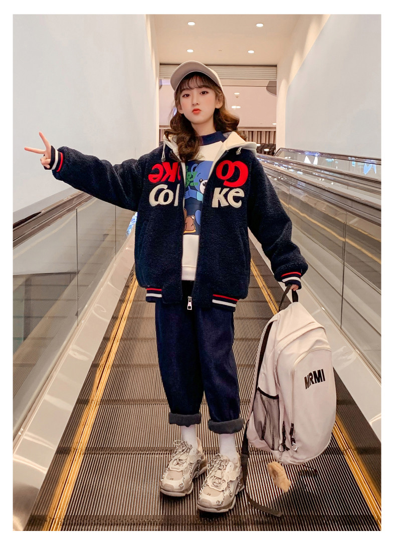 Girls extra thick coat children's clothing hooded embroidered woolen coat lamb cashmere navy blue casual thermal coat