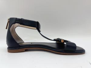 Quality Ladies Black T Strap Flat Shoes Peep Toe Soft Nappa Genuine Leather Retro Roman Sandals wholesale