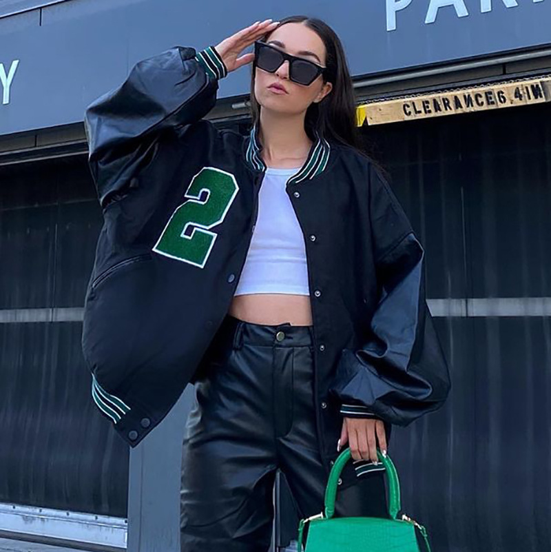 Women's 2021 autumn and winter new fashion design contrast color single breasted letters embroidered jackets
