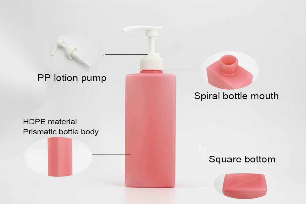 Square Pink 500ml Shampoo Shower Bottle White Press Pump