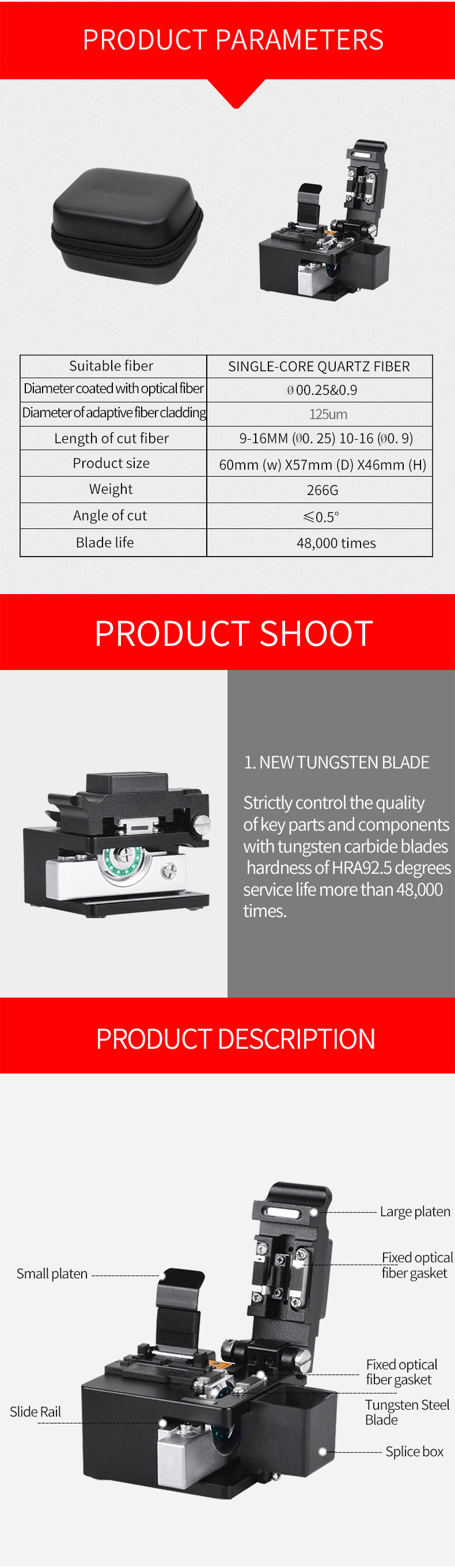 48000 cutting Fiber Optic Cleaver Tool , Single Fiber FCC High Precision Fiber Cleaver