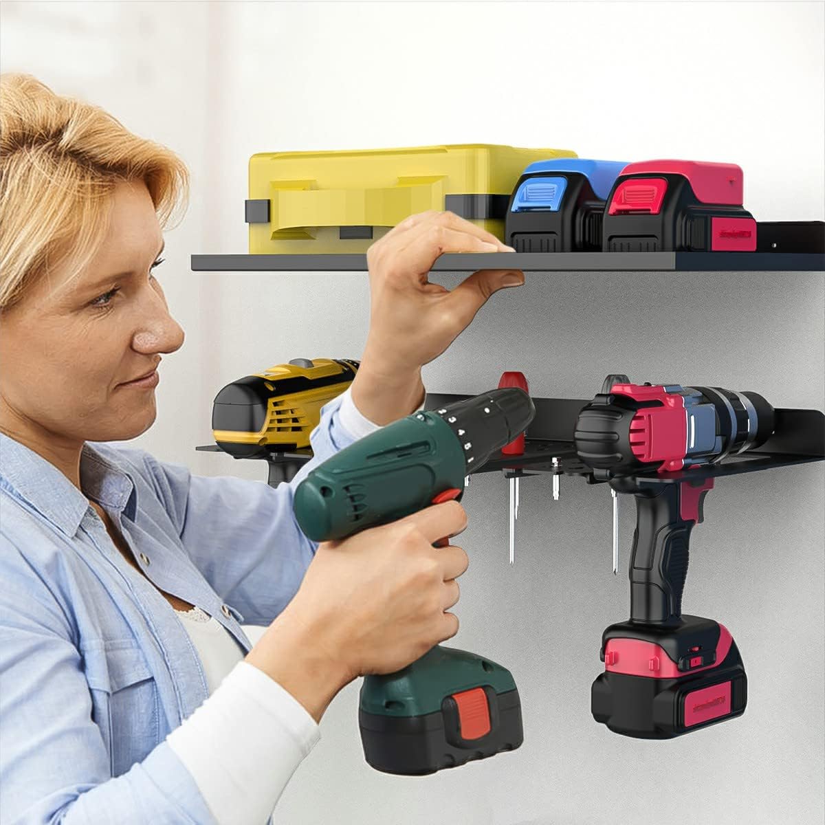 Neat Drill Storage Rack and Power Tool Organizer Holds 4 Drills Batteries 430*216*51mm