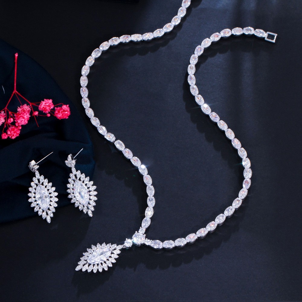Wholesale Jewelry Set CZ Pendant Necklace Crystal Cubic Zircon Necklace Earrings Jewelry Set necklace earrings For Women