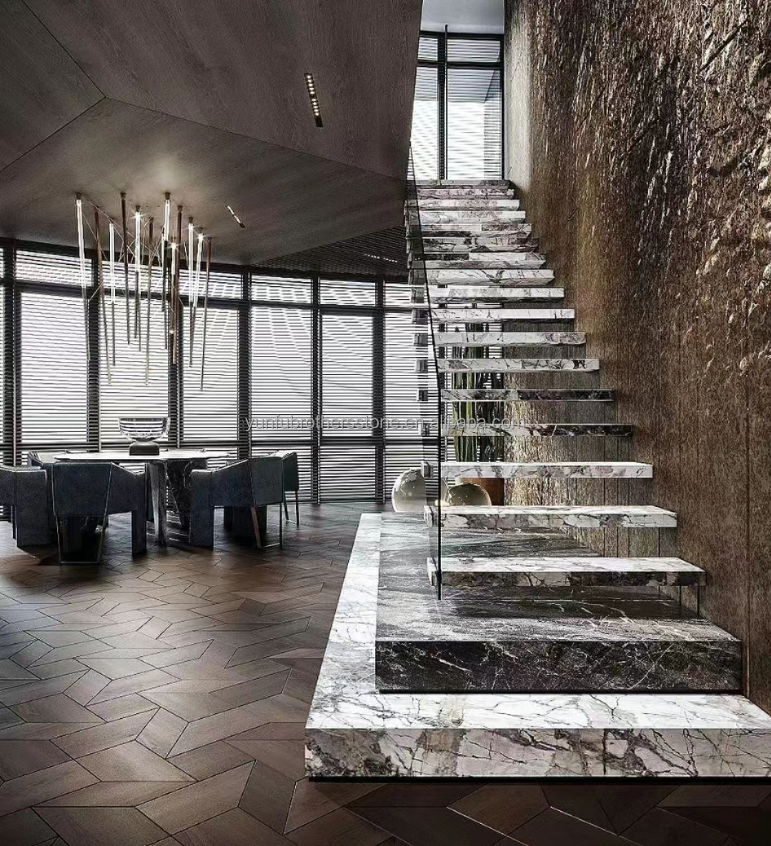 Modern Panda White Calcite Marble Staircase Stone Decorative Marble Stairs at Hallway