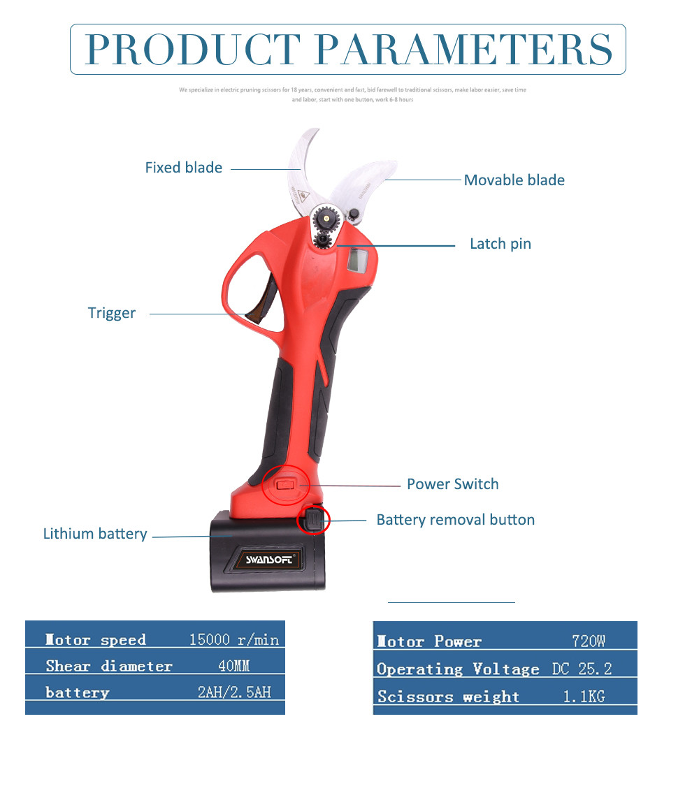 Swansoft  4.0CM Electric Secateurs Electric Pruner Lithium Battery Pruning Shears Bypass Handheld Trimmers