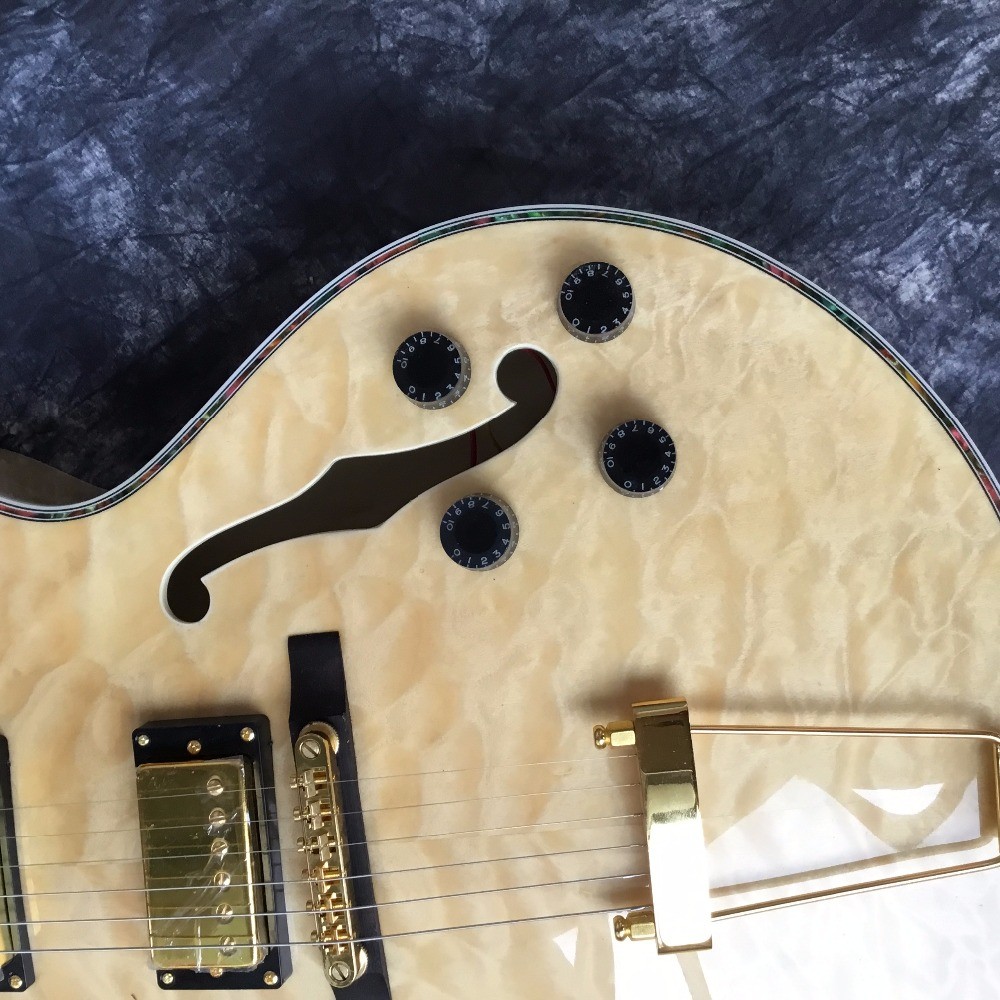 High quality, color jazz L5 electric guitar, wood, gold rocker, fingerboard flower mosaic. Real photos, wholesale and re