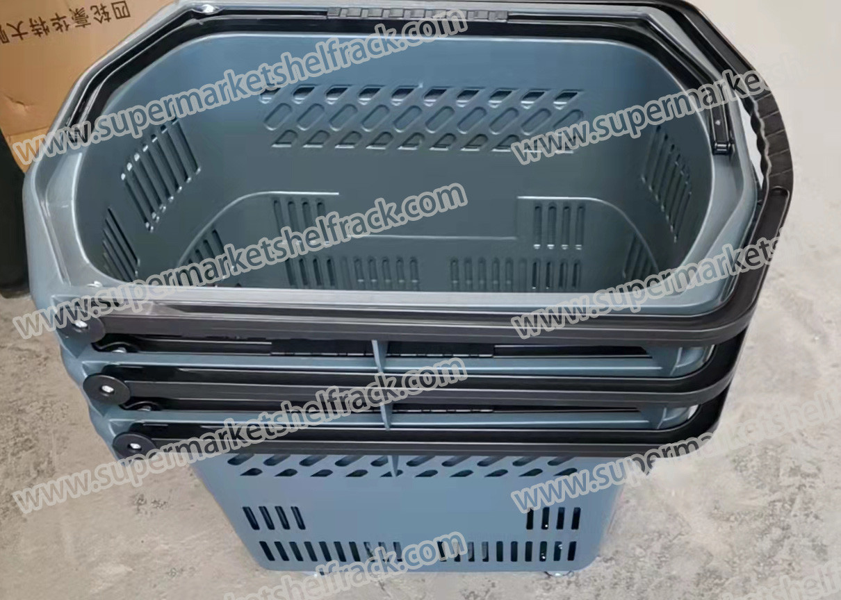 50ltr 560MM Plastic Handheld Shopping Baskets Grocery Store With 4 Wheels