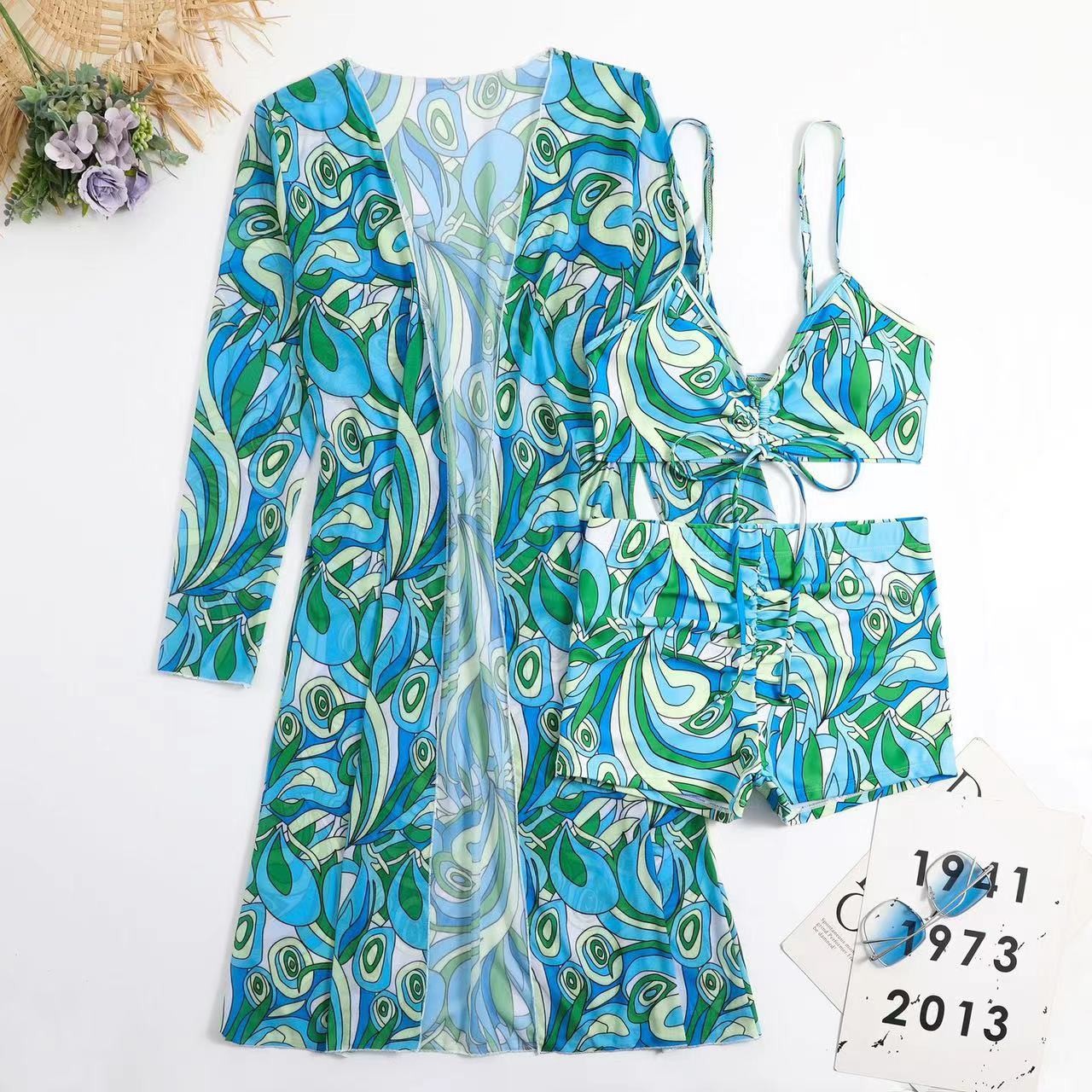 Ladies Three Piece Swimwear Bikini Solid Color 3 Piece Swimsuit Floral Special Fabric