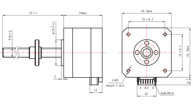 42x42x34mm 1.8 Degree 2 Phase 1.2A Hybrid Nema 17 Tr8*2 Non Captive Stepper Motor