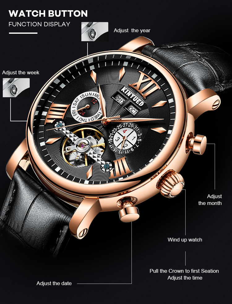 KINYUED oem waterproof custom logo leather fashion tourbillon skeleton wrist watch luxury automatic watches