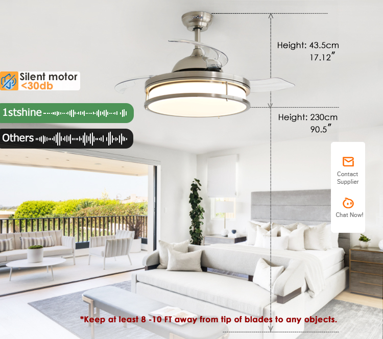 Retractable Blades LED Ceiling Fan 42 Inches in Satin Nickel for Home Hotel Office