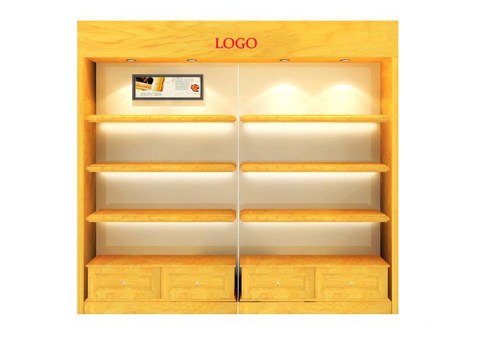 Custom Wall Glass Display Cabinet Wtih LED Light Below Shelf , High Grade Wall Display Unit