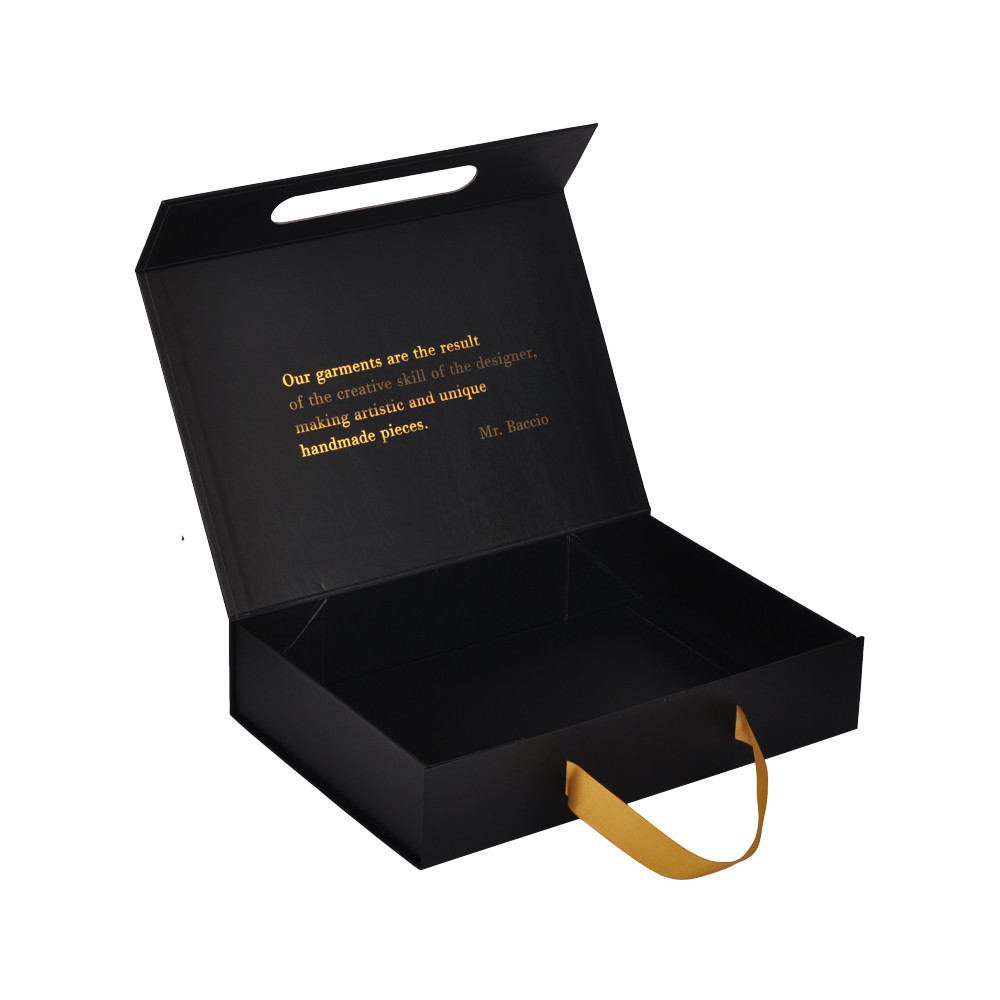 Black Magnetic Folding Paper Boxes Packaging Gift With Ribbon Handle