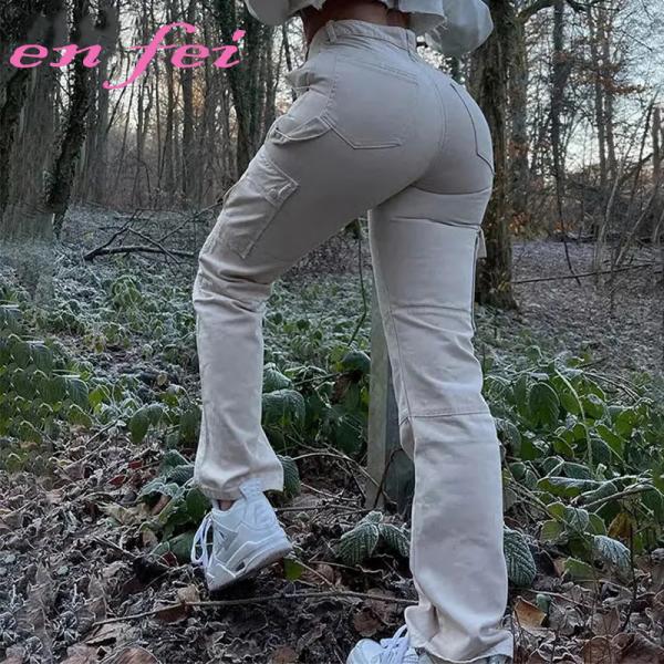 Fashion Women Solid Multi Pocket Cargo Pants Slim Loose Straight Pockets Casual