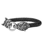 Hot Sales PU Leather Stainless Steel Double Wolf Heads Bracelet