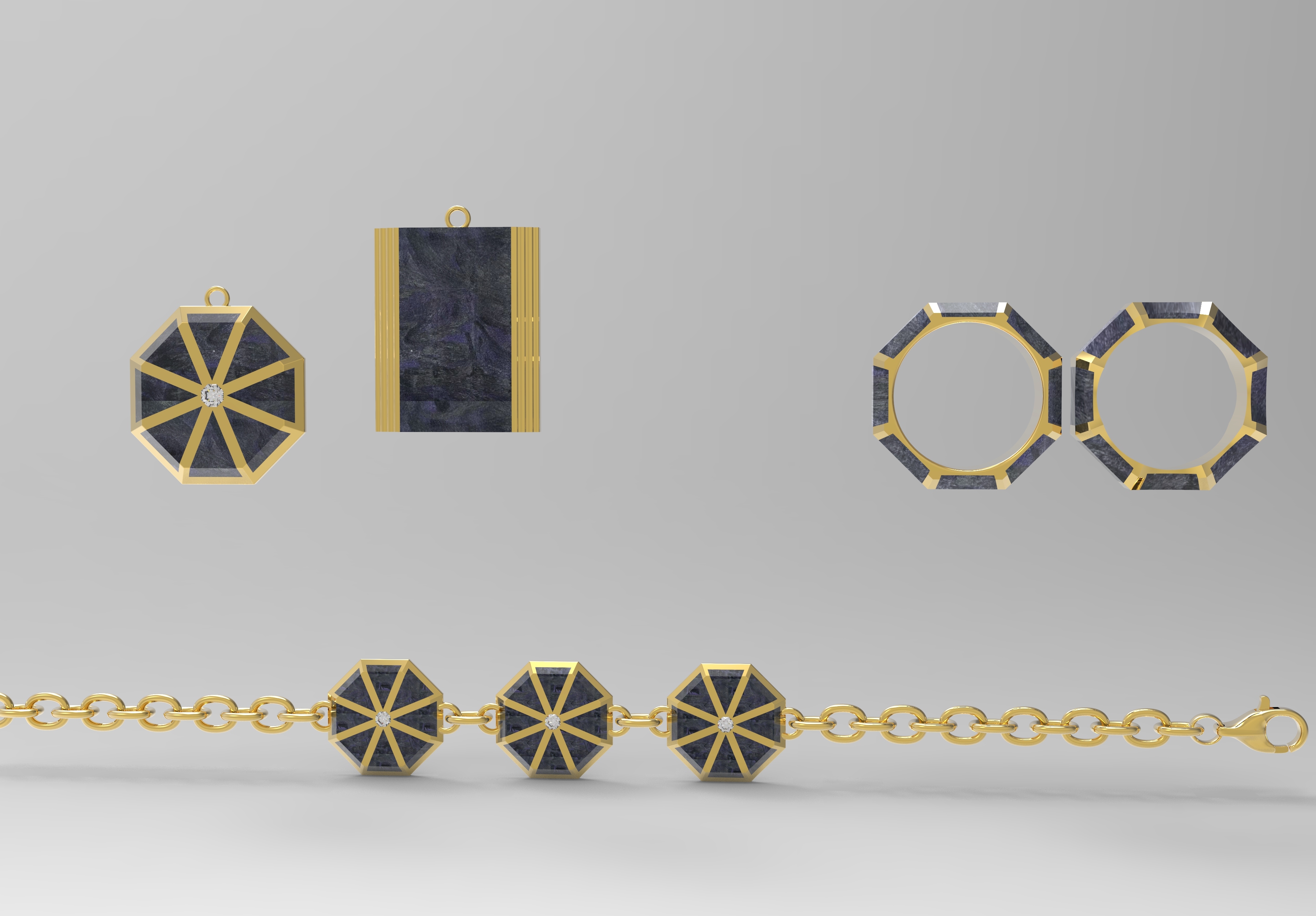 Men's Triangle Ring And Pendants Set Chain Carbon Fiber Jewelry With Mould Making Service