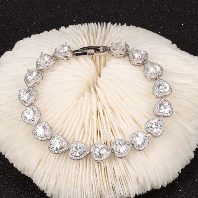 Fashion Platinum Plated Links Chain Heart Shape Clear Cubic Zirconia Tennis Bracelet (JDS949WHITE)