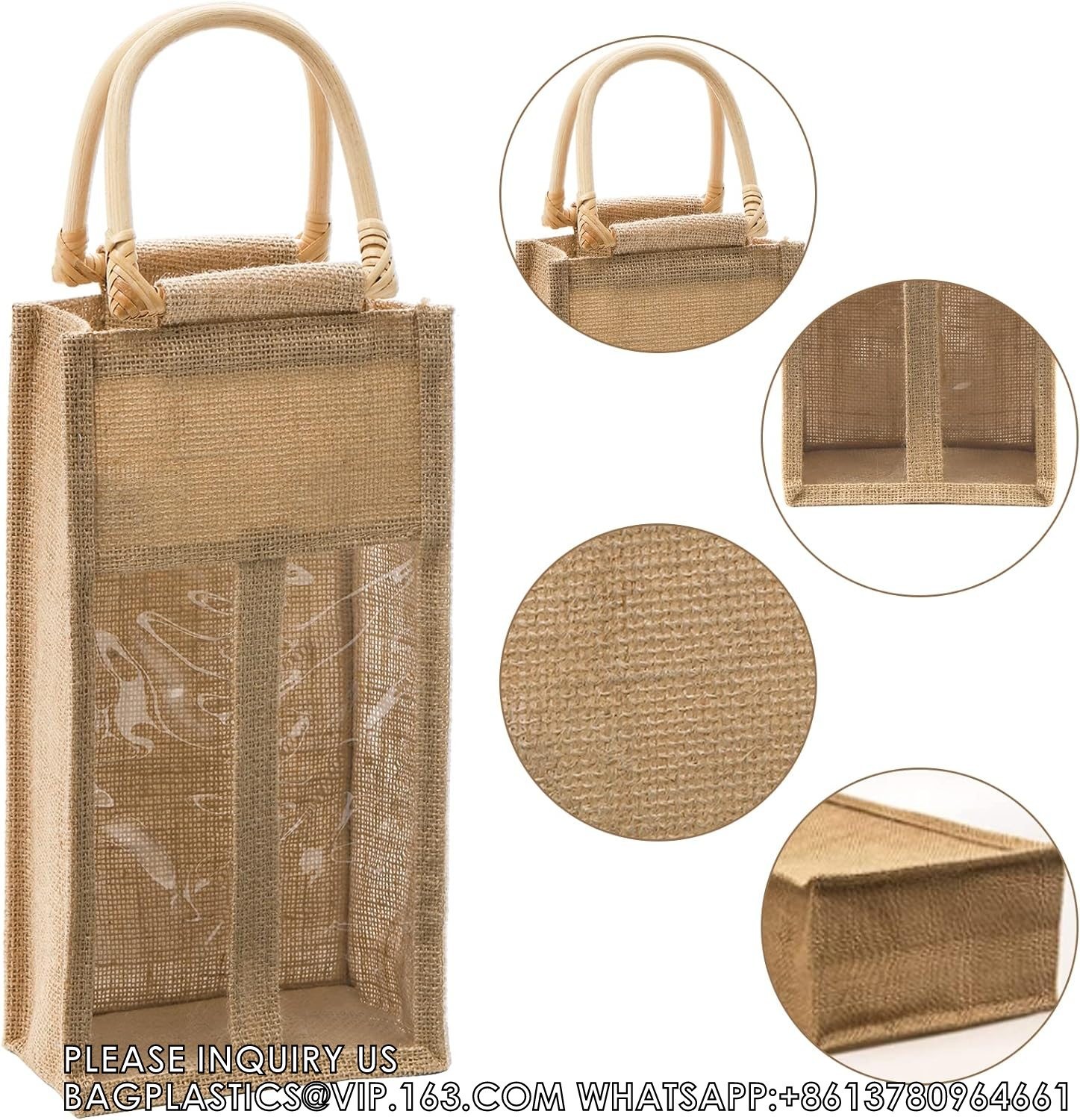 Double Window Two Bottles Burlap Jute Wine Bottle Bag Wedding, Party Favors, Christmas, Holiday And Wine Tasting