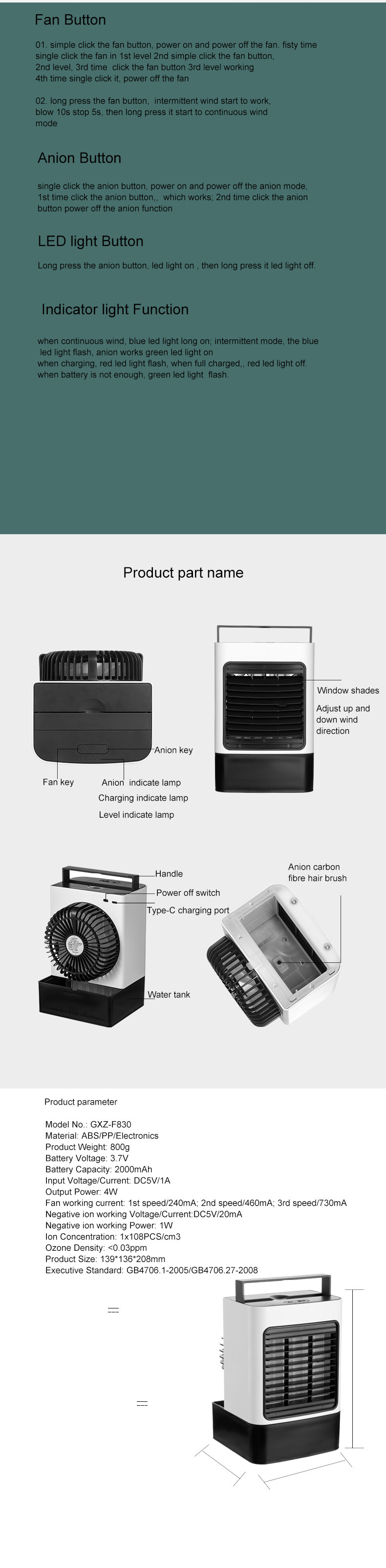 USB Air Cooler Fan LED Light Home Office Bedroom