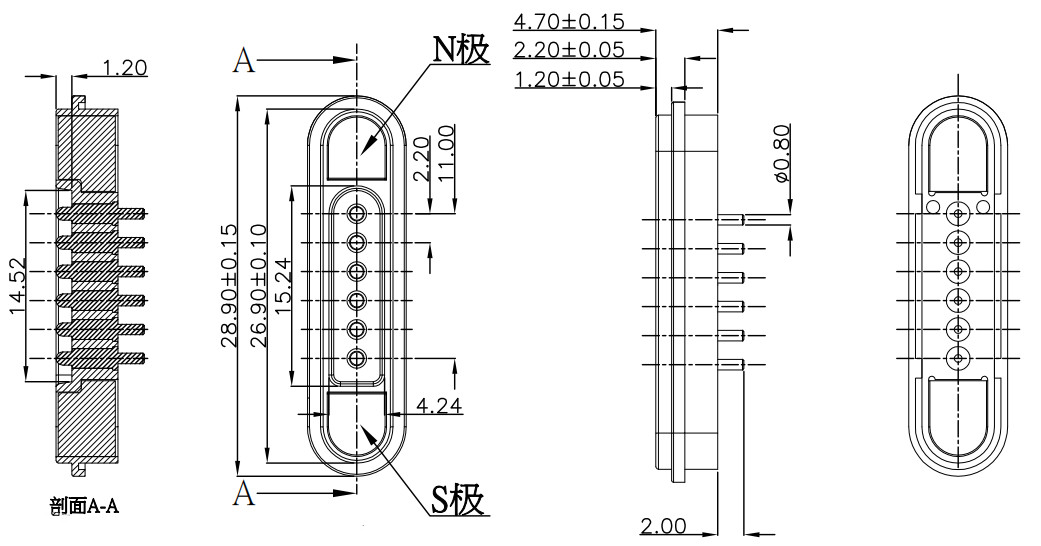 Gold Plating Pogo Pin Connector 3A 6 Pin Magnetic Connector Male Female