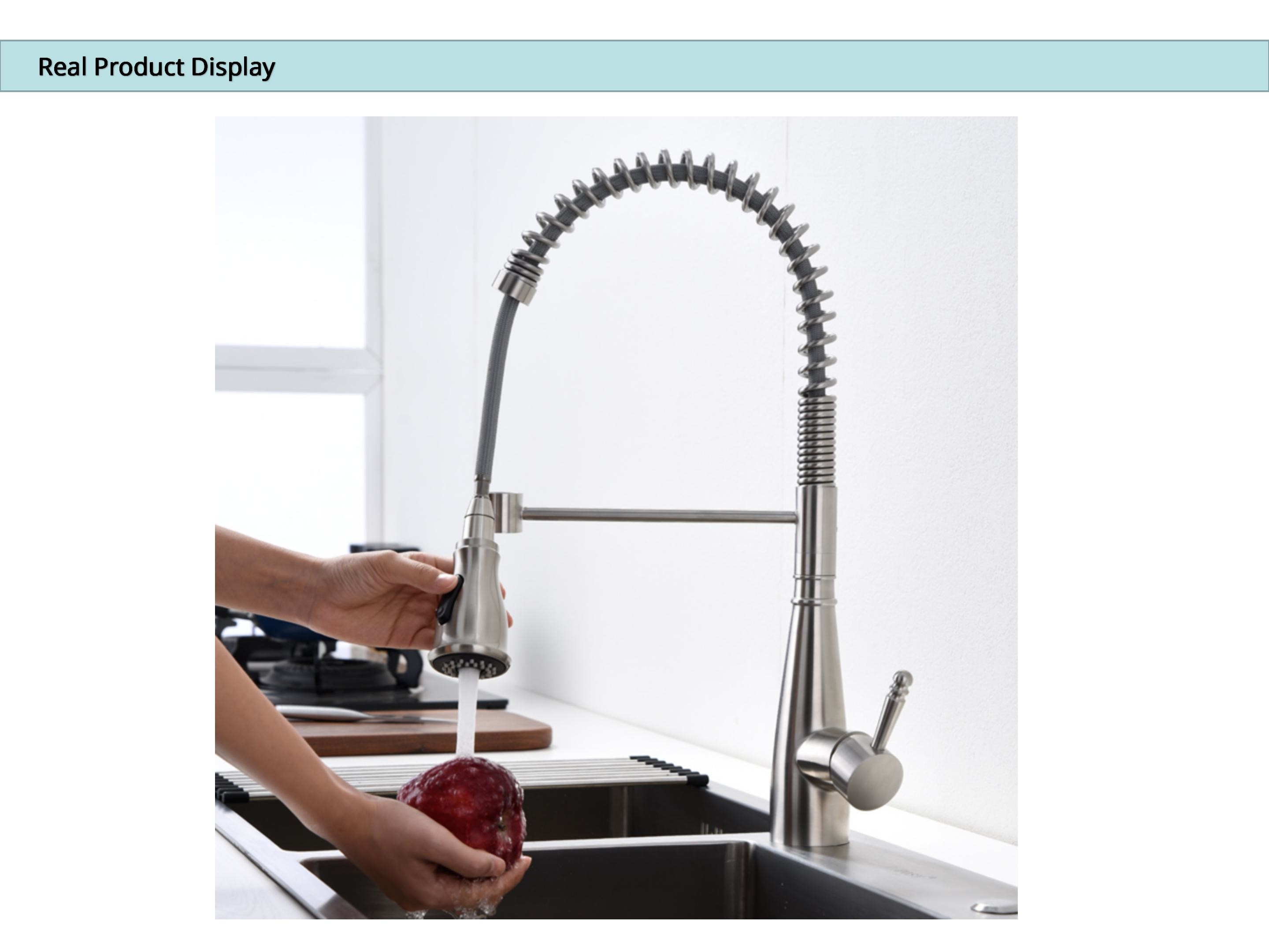 Commercial Spring Spout Single Lever Kitchen Faucet 18/10 Stainless Steel PEX Hose