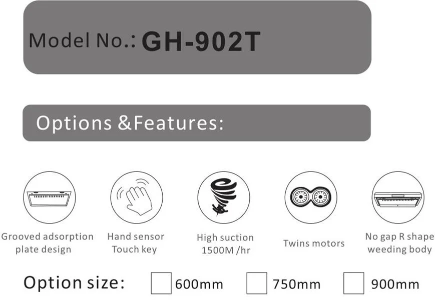 Stainless Steel Large Suction Top Side Under Cabinet Range Hood Gh-902t