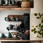 Modern Fashionable Ceramic Tea Cups with Wood Saucer and Wooden Handle Coffee